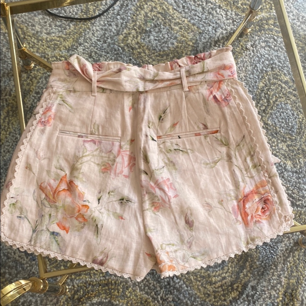 LoveShackFancy High Waist Cream and Pink Lace Trim Shorts - Picture 4 of 9